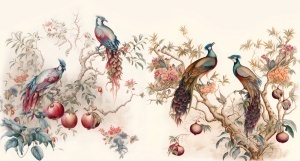 Design grafic detaliat pentru fototapet intitulat Păuni pe Ramuri Înflorite, o ilustrație stil Chinoiserie cu păsări colorate și flori delicate, disponibil ca tapet personalizat imprimat cu cerneală ecologică