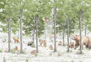 Design grafic pentru fototapet personalizat „Primăvara în Pădure”, redând o scenă cu animale sălbatice și arbori în stil acuarelă, un model de tapet educativ pentru camera copiilor.