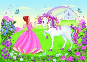 Model grafic complet pentru fototapet cu prințesă, unicorn și curcubeu, design pentru tapet personalizat cameră fetițe