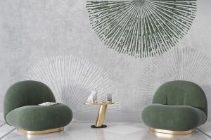 Interior sofisticat cu fototapet personalizat Zen Radial și două fotolii moderne verzi, exemplificând un tapet artistic potrivit pentru un living contemporan și aerisit.