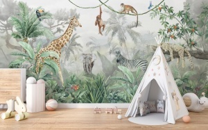 Colț de joacă cu cort teepee și jucării, decorat cu fototapet safari cu girafă și elefant, tapet personalizat pentru camera copilului