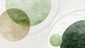 Fototapet abstract cu cercuri verzi în acuarelă — forme geometrice suprapuse în verde-sage, oliv și bej cu linii aurii fine pe fond texturat alb-gri