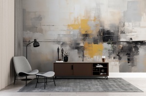 Fototapet abstract gri auriu în living minimalist-industrial cu fotoliu gri pe picioare negre, comodă maro închis și lampă de podea neagră