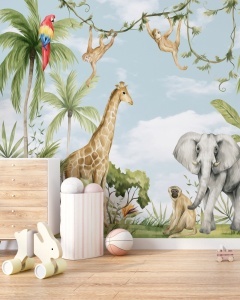 Amenajare cameră de joacă cu fototapet personalizat ilustrând o girafă și un elefant în stil acuarelă, un model de tapet artistic pentru un decor plin de viață.