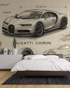 Fototapet auto cu schiță Bugatti Chiron montat în dormitor modern, tapet personalizat pentru perete accent