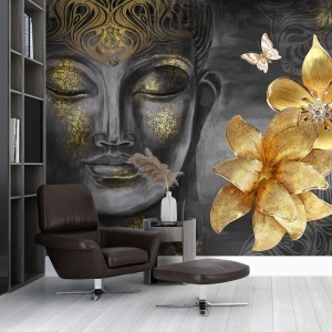 Fototapet Buddha negru auriu în living cu birou cu fotoliu din piele maro, raft negru cu cărți și vază decorativă albă