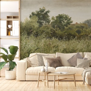 Living luminos decorat cu fototapet personalizat „Poiana cu Ierburi Sălbatice”, canapea albă și mobilier din lemn natur, un model de tapet rezistent ce aduce farmecul rustic în locuință.