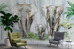 Decor modern de living cu fototapet personalizat Familia de Elefanți, prezentând un tapet în stil acuarelă cu elefanți și plante tropicale, alături de fotolii stilate.