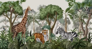 Design grafic pentru fototapet personalizat Inima Junglei, cu animale exotice precum girafa, tigru și zebră într-o junglă luxuriantă, un model de tapet artistic spectaculos.
