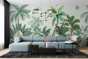 Living spațios amenajat cu canapea turcoaz și măsuțe de marmură, decorat cu fototapet peisaj tropical verde, tapet personalizat