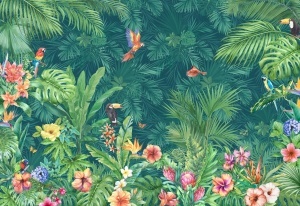 Model grafic complet pentru fototapet paradisul tropical cu papagali Ara și flori exotice, design pentru tapet personalizat stil junglă