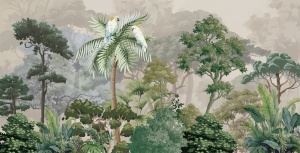 Design grafic complet pentru fototapet personalizat „Refugiul Papagalilor Albi”, prezentând o junglă tropicală detaliată în nuanțe calde, un model de tapet artistic ideal pentru decorarea pereților.
