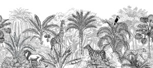 Fototapet safari alb negru cu leu, girafă, zebră, ghepard și tucan printre palmieri și frunze de banan