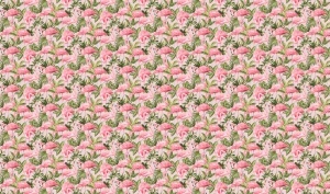 Grafică detaliată pentru fototapet cu pattern repetitiv flamingo roz și frunze tropicale, un design de tapet personalizat pentru un ambient exotic și estival deosebit.