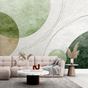 Fototapet abstract cercuri verzi în living cu canapea modulară roz-prafuit, măsuță de marmură și iarbă pampas decorativă
