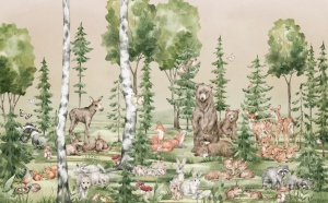 Fototapet animale pădure copii — scenă acuarelă cu urs, vulpi, căprioare, iepuri, bufnițe și fluturi printre brazi și mesteceni