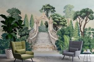 Decor de interior rafinat cu fototapet personalizat reprezentând o poartă clasică în natură, completat de fotolii stilate, un model de tapet de înaltă calitate pentru o atmosferă relaxantă.