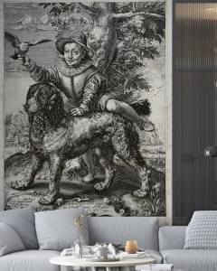 Living modern mobilat cu canapea gri și măsuță, având pe fundal un fototapet alb-negru stil gravură, tapet personalizat cu aspect istoric