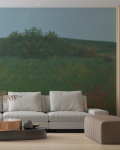 Living modern decorat cu fototapet peisaj pictură câmp cu maci, tapet personalizat montat în spatele canapelei