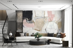 Living spațios elegant cu canapea albă curbă, având pe perete un fototapet abstract cu roz pudrat și negru, tapet personalizat stil artă modernă
