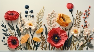 Fototapet flori mac 3D cu maci roșii și galbeni în relief, flori albe și ierburi decorative pe fond bej cald