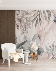 Colț de citit cu fotoliu alb modern, decorat cu fototapet frunză de acuarelă în tonuri pastelate, tapet personalizat artistic