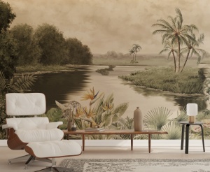 Living rafinat cu fotoliu alb Eames și bancă din lemn, decorat cu fototapet artistic cu râu și palmieri, tapet personalizat stil vechi
