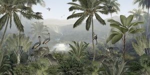 Design grafic detaliat pentru fototapet personalizat Jungla Maimuțelor, un model de tapet panoramic ce înfățișează maimuțe, păsări exotice și o cascadă în peisaj tropical.