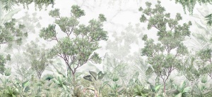 Fototapet pădure tropicală în ceață, cu copaci zvelți, frunze de banan, monstera și iederă pe fundal alb de marmură