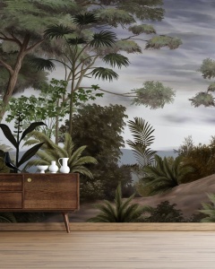 Decor interior rafinat cu mobilier vintage și fototapet stil pictură murală cu junglă tropicală, un tapet cu design personalizat ce oferă profunzime camerei.