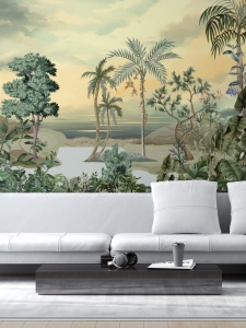Living minimalist cu canapea albă pus în valoare de un fototapet exotic cu junglă și munți, un tapet cu design personalizat ce aduce natura în interior.