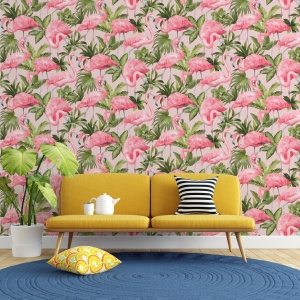 Tapet Flamingo Roz si Frunze Tropicale