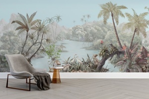 Living spațios cu fotoliu Eames alb și bancă din lemn, decorat cu fototapet panoramic natură exotică și apă, tapet personalizat