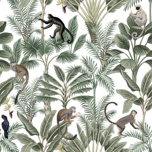 Model grafic complet pentru fototapet maimuțe tropicale cu lemuri, macaci și palmieri pe fundal alb, design pentru tapet personalizat exotic