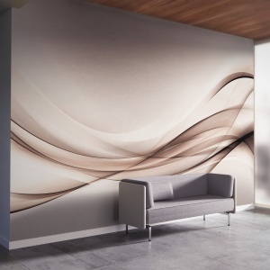 Amenajare living minimalist cu canapea gri, având pe fundal un fototapet abstract cu linii fluide, tapet personalizat modern