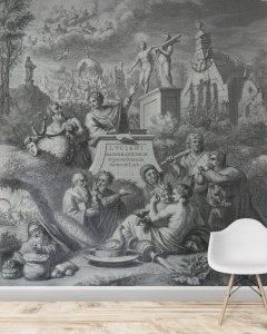 Scaun alb modern într-un decor minimalist, având pe fundal un fototapet vintage alb-negru cu scenă mitologică, tapet personalizat
