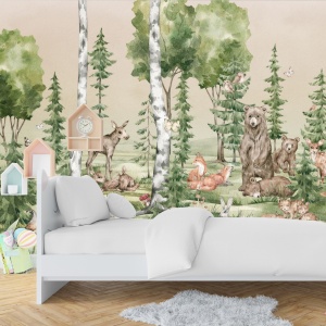 Fototapet animale pădure copii în cameră copil modernă cu pat alb și rafturi colorate în formă de căsuță