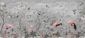 Design grafic detaliat pentru fototapet cu flamingo roz, păsări și flori în stil Chinoiserie pe fundal gri cețos. Variantă de tapet personalizat de înaltă calitate pentru proiecte de design interior premium.