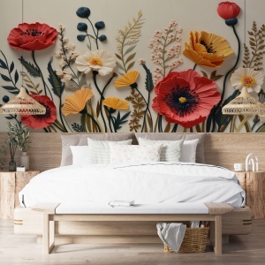 Fototapet flori mac 3D în dormitor boho cu pat din lemn natural, lenjerie albă și lămpi suspendate din răchită