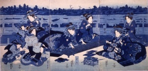 Model grafic complet pentru fototapet gheișe în stil japonez ukiyo-e, design pentru tapet personalizat vintage albastru