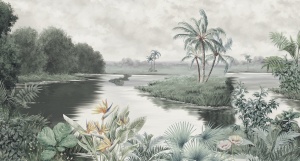 Fototapet lac tropical cu palmieri, flori de paradis și ceață pe fundal de nori pictați