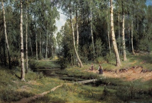 Fototapet pădure cu pârâu — pictură realistă în ulei cu mesteacăni înalți cu trunchiuri albe, pârâu și două figuri feminine în costum rustic