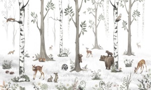 Design grafic panoramic pentru fototapet personalizat Pădurea Albă, ilustrând o scenă de poveste cu mesteacăni și animale sălbatice, un model de tapet artistic pentru perete.