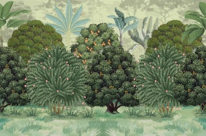 Design grafic complet pentru fototapet personalizat „Livada Tropicală cu Fructe Exotice”, prezentând un peisaj dens cu arbori fructiferi și vegetație luxuriantă, un model de tapet artistic.