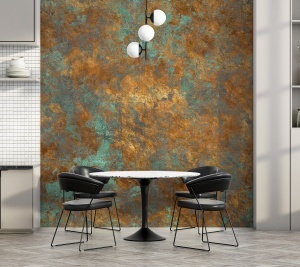 Fototapet patina cupru pe peretele de accent al unei zone de dining moderne