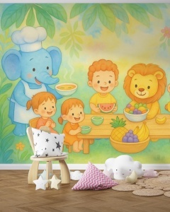 Fototapet copii cu elefant și leu la masă, tapet personalizat montat într-un decor de poveste cu perne și scaun