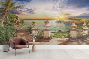 Colț de relaxare elegant cu fotoliu roz și măsuță din lemn, decorat cu fototapet răsărit de soare cu terasă și mare, tapet personalizat 3D