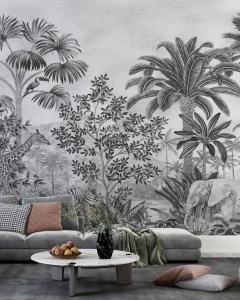 Living modern decorat cu un fototapet safari alb-negru reprezentând animale exotice și vegetație luxuriantă, un tapet personalizat ideal pentru un perete de accent sofisticat.