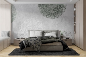 Dormitor elegant amenajat cu fototapet personalizat Zen Radial așezat deasupra patului, un tapet minimalist care aduce echilibru și un stil rafinat întregii camere.