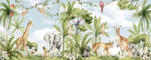  Iată textele alternative (ALT text) pentru cele trei imagini, folosind diacriticele și incluzând cuvintele cheie solicitate: Imaginea 1 (Designul grafic complet): Design panoramic pentru fototapet personalizat „Animalele Paradisului Verde”, o ilustrație 